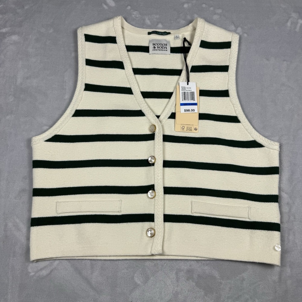 Scotch & Soda Womens Striped Knit Sweater Vest Cream Green XL 165507-190-RM NEW